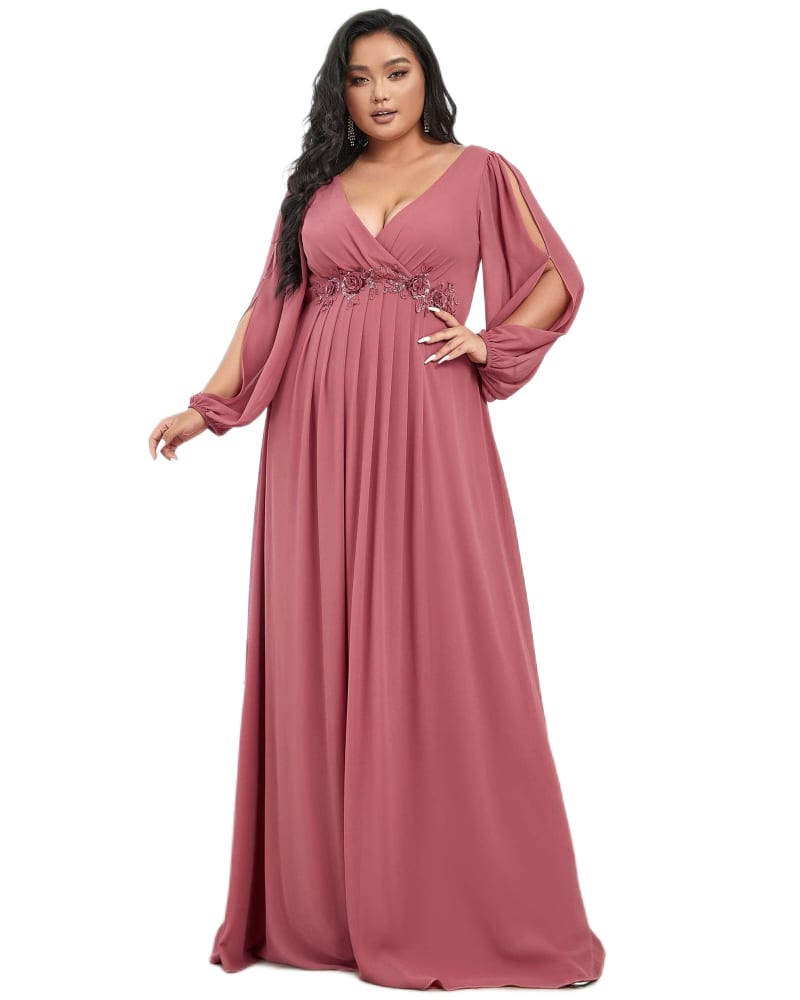 Front of a model wearing a size 26 Chiffon V-Neckline Long Sleeve Formal Evening Dress in Navy Blue by Ever-Pretty. | dia_product_style_image_id:284562
